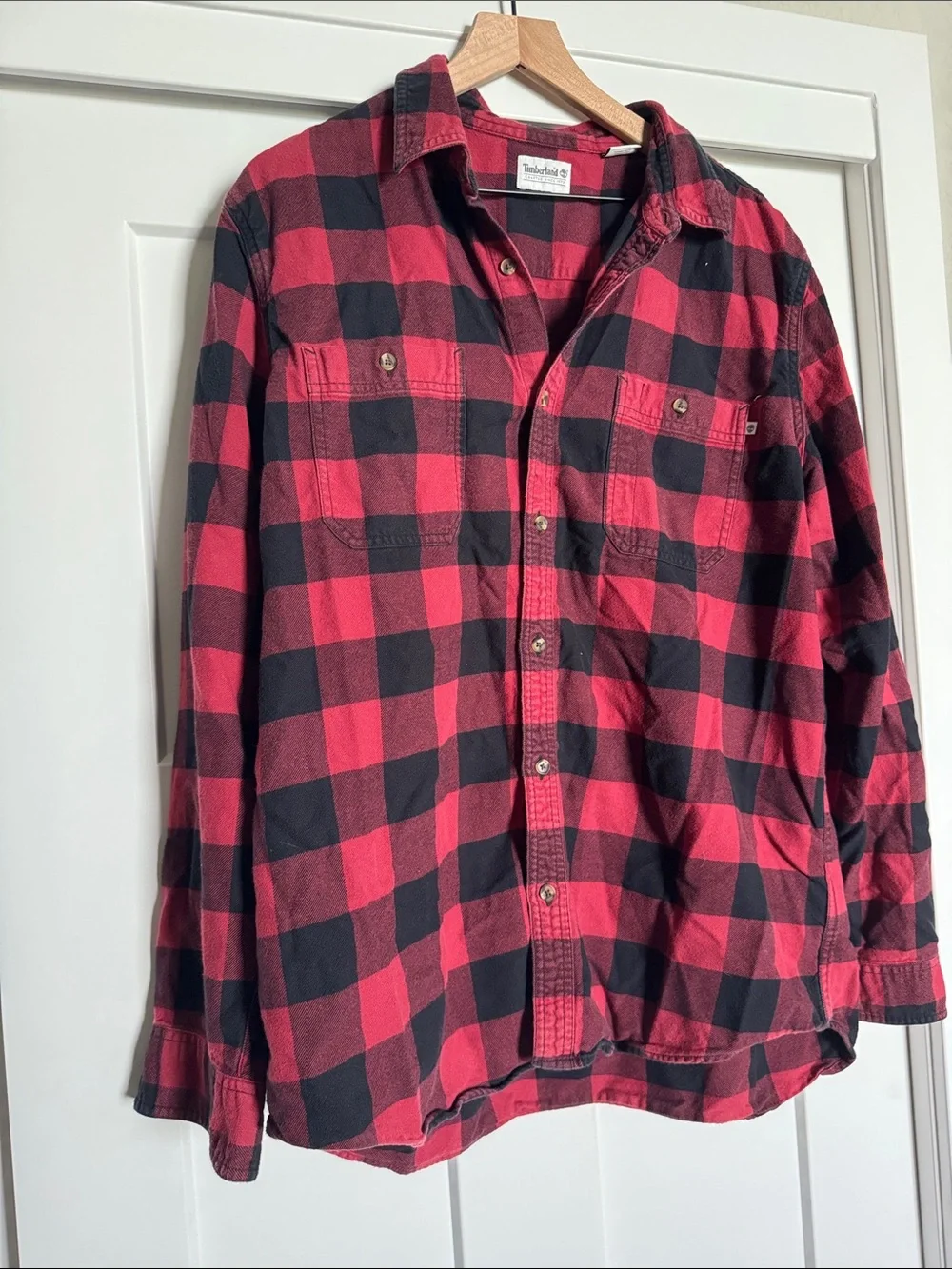 Timberland Red and Black Plaid Button-Up Shirt